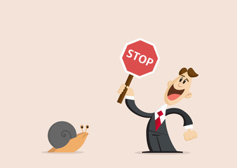 Happy businessman holds stop road sign and  snail © mirsad