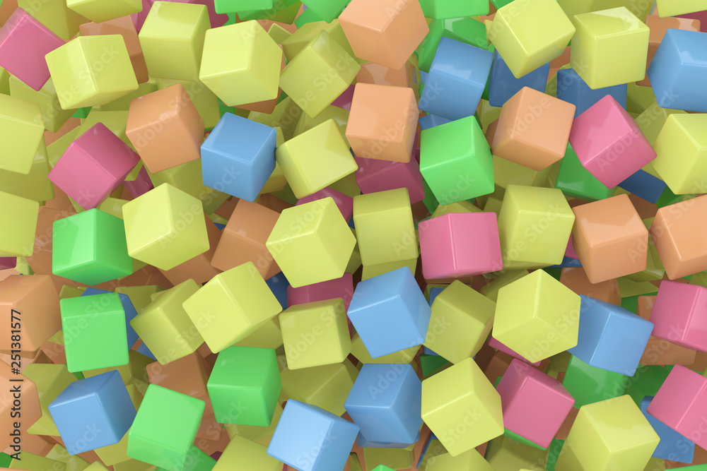 Aufkleber heap of multicolour cubes as background. 3d rendering