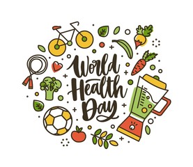 World Health Day lettering handwritten by cursive font and surrounded by whole nutrient foods and sports equipment. Healthy nutrition and active lifestyle. Vector illustration in linear style.