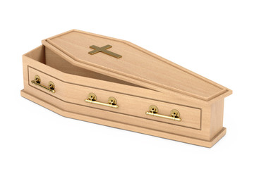 Wooden Coffin With Golden Cross and Handles. 3d Rendering