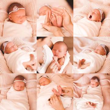 Collage of nine photos with newborn baby sleeping in bed, infant details closeup. Motherhood. Maternity.