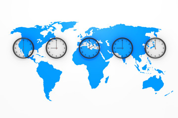 Set of Clocks with Different World Time with Blue World Map. 3d Rendering