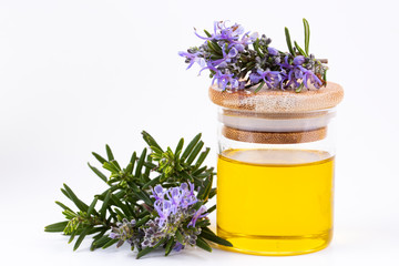 Rosemary essential oil in a small bottle. Natural aroma cosmetic oil