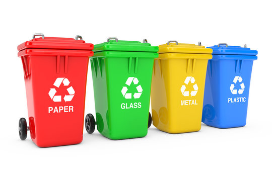 Red, Green, Yellow and Blue Recycle Bins with Recycle Symbol. 3d Rendering