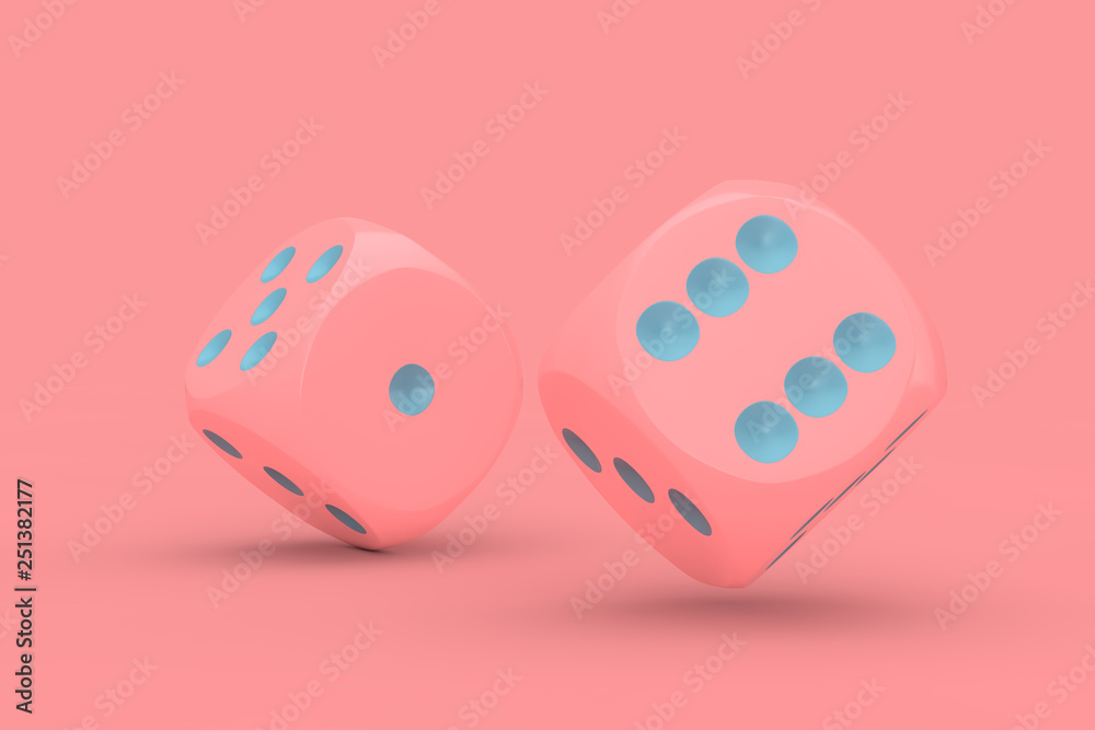 Poster Casino Gambling Concept. Pink Game Dice Cubes in Flight. 3d Rendering