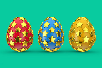 Red, Blue and Yellow Easter Eggs with Golden Stars. 3d Rendering