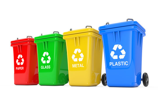 Red, Green, Yellow and Blue Recycle Bins with Recycle Symbol. 3d Rendering