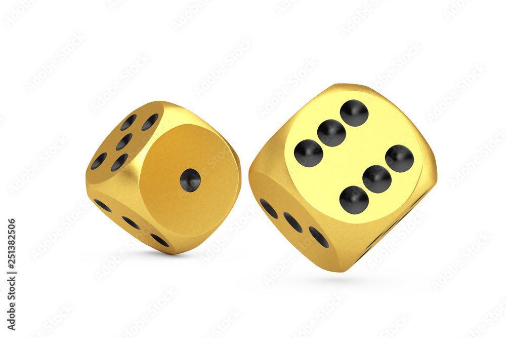 Poster casino gambling concept. gold game dice cubes in flight. 3d rendering