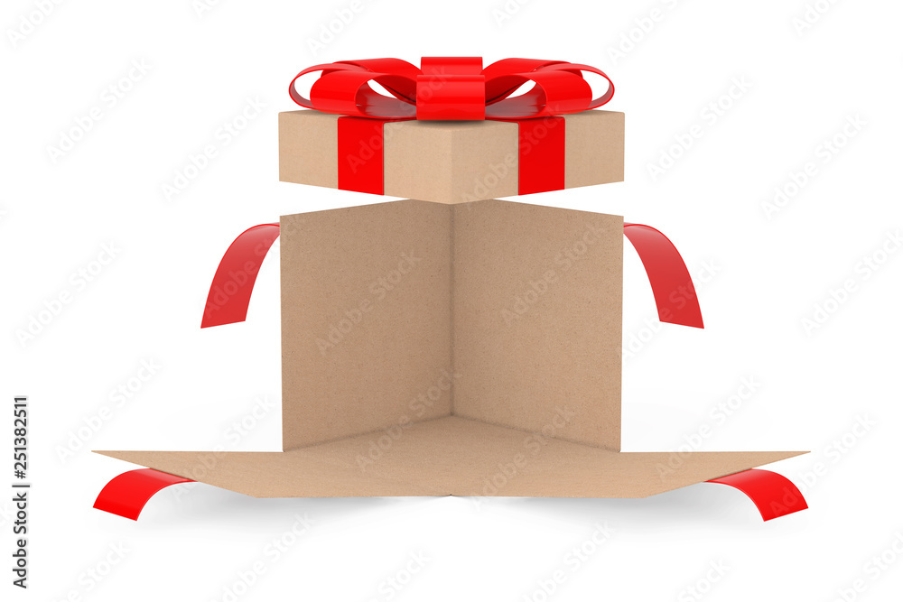 Aufkleber opened surprise cardboard gift box with red ribbon and bow. 3d rendering