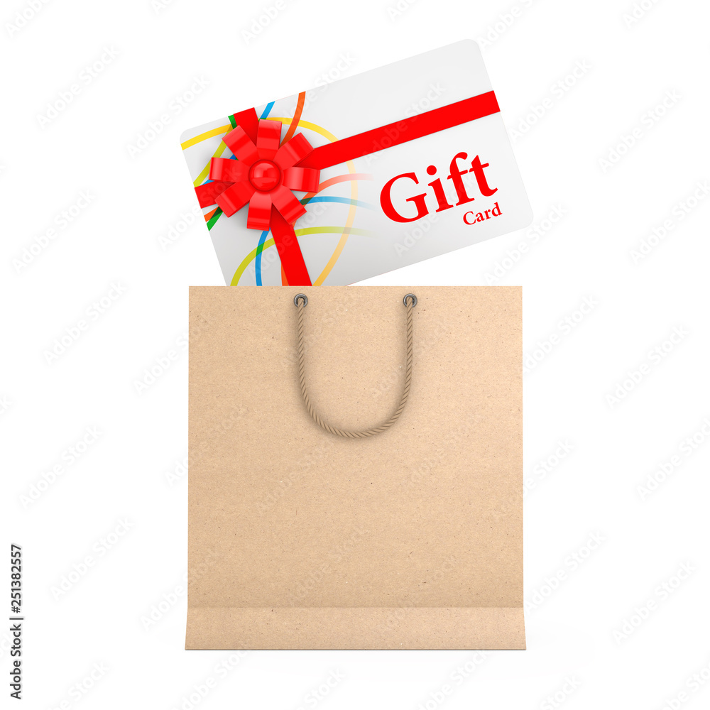 Aufkleber gift card with red ribbon and bow falling in to paper bag. 3d rendering
