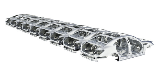 Car bodies lined up in a row isolated on white background 3d illustration without shadow
