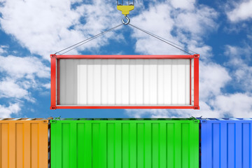 Empty Red Shipping Container with Removed Side Wall Transportation by Crane Hook. 3d Rendering