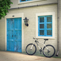 Fototapeta na wymiar Bicycle Parked in front of Retro Vintage European House Building, Narrow Street Scene. 3d Rendering