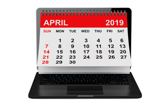 April 2019 calendar over laptop screen. 3d rendering