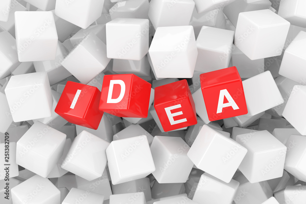 Aufkleber Red Idea Cubes in Heap of White Blank Cubes. 3d Rendering