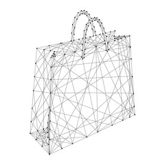 Paper bag with handles for shopping from abstract futuristic polygonal black lines and dots. Vector illustration.