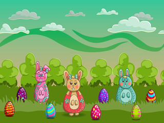 Easter cartoon forest with eggs and bunnies