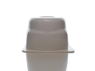 White plastic box on a white background. Concept No plastic