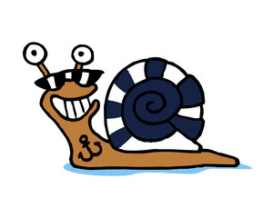 Fototapeta na wymiar Snail sailor with tattoos anchor and striped shell, cartoon