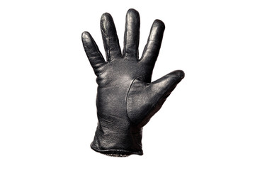 Close-up black leather glove, fingers showing number five. Isolated on white background. Concept symbols, signs, numbers