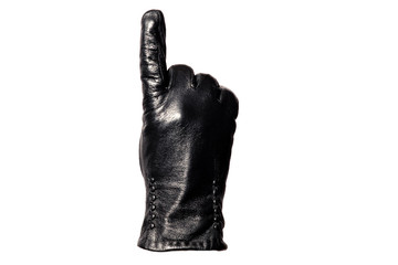 Closeup black leather glove showing thumbs up, number one. Isolated on white background. Concept symbols, signs, numbers
