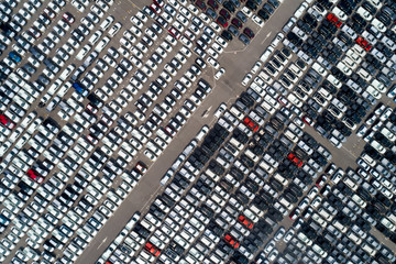 Aerial view of new cars line in port for Export .