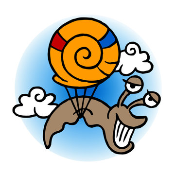recommend clip art: Snail shell, with a hot air balloon flying in the sky with clouds, cartoon