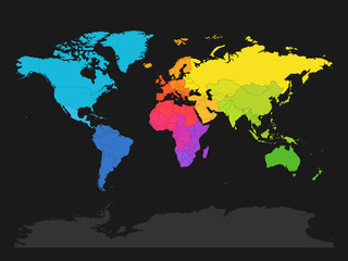 Colorful map of World divided into regions on dark grey background. Simple flat vector illustration