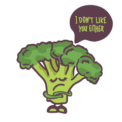 cute Broccoli cartoon character isolated on white background. Speech bubble i don't like you either. Vector. for cafe, logo, book stories, print for T-shirt,notebook cover, posters, postcards