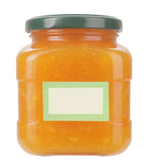 Homemade orange jam or marmalade in glass jar with blanco label