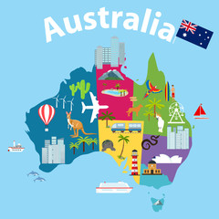 Map of Australia, tourist map of Australia. Cartoon map of Australia with animals and landmarks.