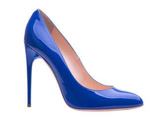 Blue shoes with high heels. Varnished blue shoes on a white background.