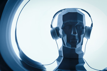 Silhouette of a cyber digital head in a headphones as a dj