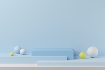 Abstract geometry shape blue color podium on blue background with colorful ball for product. minimal concept. 3d rendering