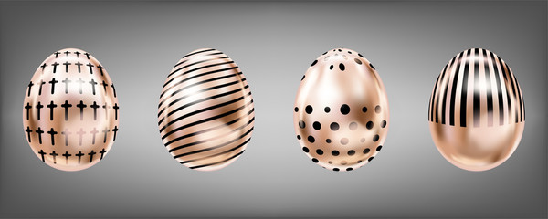 Four glance metallic eggs in pink color with black cross, dots and stripes. Isolated objects for Easter decoration