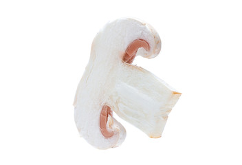Isolated cut piece of champignon mushrooms on white background