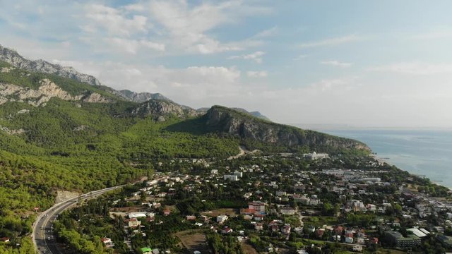 Aerial view of Mountains and Coast National Park in Turkey, Beldibi village