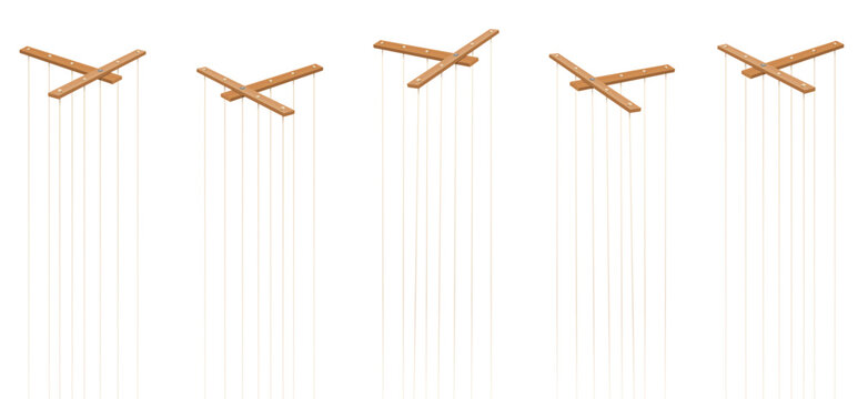 Wooden marionette control bars. Five items with strings and no puppets. Symbol for manipulation, control, authority, domination - or just as a toy for a puppeteer. Isolated vector on white.