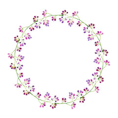 Delicate wreath of branches of pink flowers, watercolor illustration.