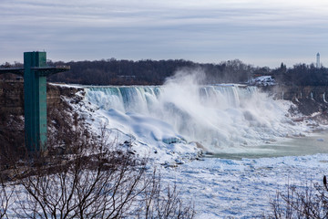 Niagara Falls CANADA - February 23, 2019: Winter frozen view at the American side of beautiful Niagara Falls cower with snow and ice