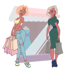 Set of fashion girls with bags in the store. Customer