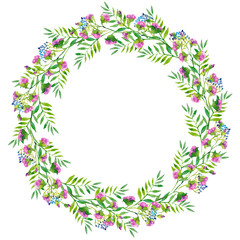 bright wreath of branches of blue  purple flowers and green leaves, , watercolor illustration.