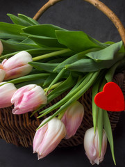 spring tulips in wooden basket. happy mothers day, romantic still life, fresh flowers