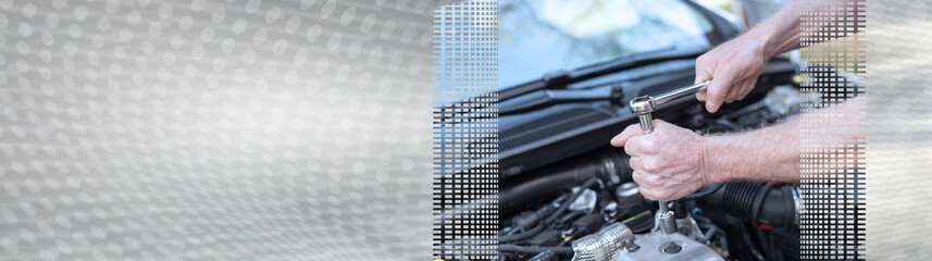 Hands of car mechanic working on car engine. panoramic banner