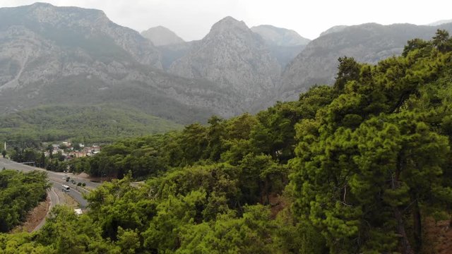 Aerial view of Mountains and Coast National Park in Turkey, Beldibi village