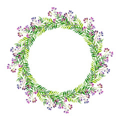 Bright delicate wreath of curly pink and blue purple flowers and green leaves, watercolor illustration.