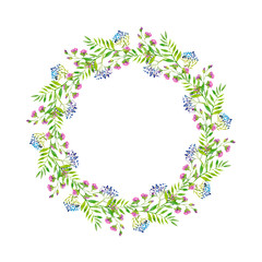 Bright delicate wreath of curly pink and blue purple flowers and green leaves, watercolor illustration.