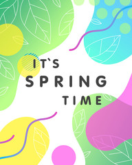 Unique spring card with bright gradient background,tiny leaves,fluid shapes and geometric elements in memphis style.Bright abstract layout perfect for prints,flyers,banners,invitations,covers and more
