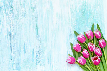 Fototapeta na wymiar Pink tulips bouquet on blue backgroun. Top view, copy space. Holiday background.
