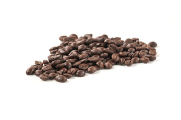 Roasted coffee beans isolated on white background.